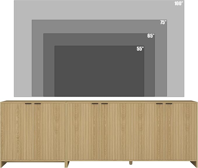 95" TV Stand for TVs up to 100",Modern Fluted TV Console with Storage Cabinet,Entertainment Center with 6 Doors & Adjustable Shelves for Living Room, Oak