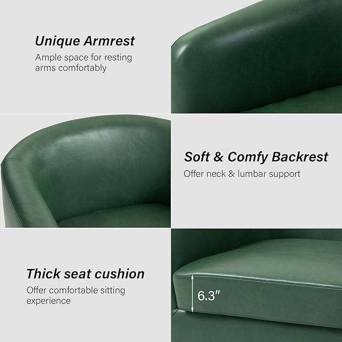 Swivel Barrel Chair, Modern Round PU Leather Accent Armchair for Living Room, Bedroom, Oversized Comfy Club Reading Chairs for Adults (Leather Green, Set of 1)