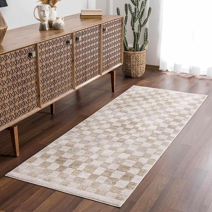 Hauteloom Pertek Modern Checkered Runner Rug - Modern Geometric Carpet for Hallway, Kids Room, Nursery - Bohemian Boho Carpet - Cream, Gold - 2'7" x 10'