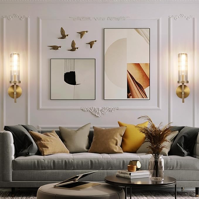 15" Knurled Brass Wall Sconces Set of 2, Gold Bathroom Vanity Light Fixtures with Vertical Striped Glass Tube, Modern Lamp Lighting for Bedroom, Living Room, Hallway, Staircase, Mirror, Kitchen