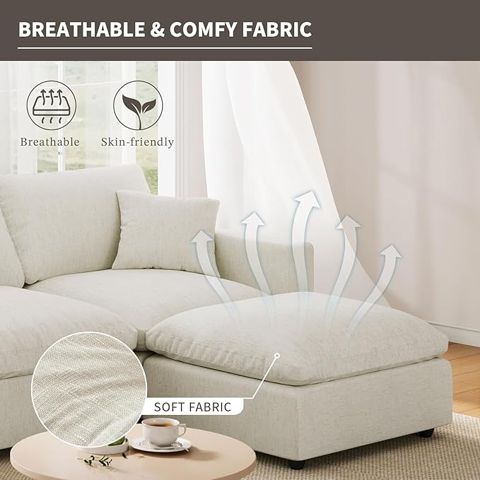 Cloud Couch Modular Sectional Sofa, 95.4" 4-Seater L Shaped Sectional Couches for Living Room, Convertible Cloud Sofa with Ottoman, Down Filled Wide & Deep Seat, Removable Washable Cushion Covers