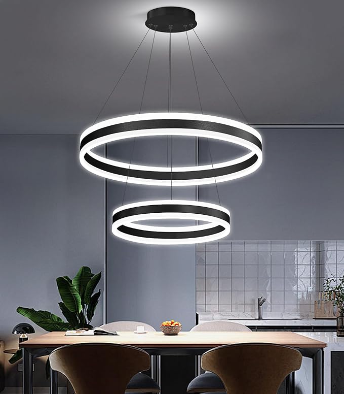 D15.7''+23.6'' Modern Ring Chandelier for Dining Room LED Dimmable Pendant Lighting Chandelier for Living Room Foyer Bedroom Entryway 3000K-6000K Black