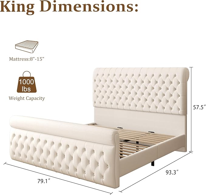 57.5" Tall King Size Upholstered Bed Frame with Rolled Headboard and Footboard, Plaform Bed Frame with Deep Button Tufting, Soft Chenille Fabric, Noise Free, No Spring Box Needed, Beige