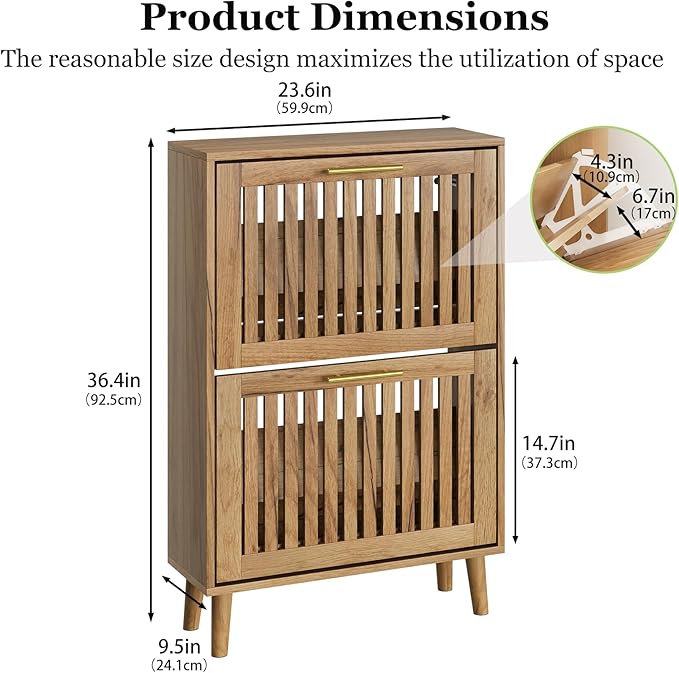 Shoe Storage Cabinet with Louvered 2 Flip Drawers, Narrow Shoe Cabinet Storage for Entryway, Freestanding Shoe Organizer Cabinet with Golden Handles, Slim Shoe Rack Cabinet 23.5in (Natural Wood)