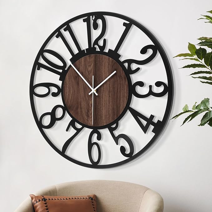 LEIKE Large Wall Clocks,Silent,Non Ticking,Battery Operated Small Vintage Round Modern Wood Wall Clock for Living Room, Bedroom,Kitchen,Farmhouse,Office Decor-13.5 Inch(Black-Arabic Number)