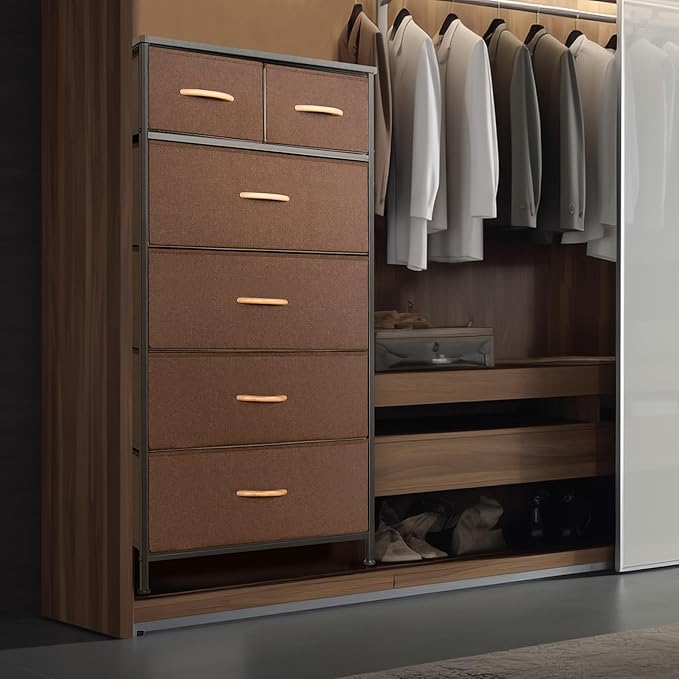 Tall Dresser for Bedroom, Vertical Storage Organizer Tower with 6 Drawers, Chest of Drawers with Fabric Bins, Steel Frame, Wood Top for Bedroom, Closet, Entryway- Brown