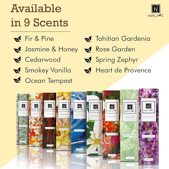 Nabila K Jasmine & Honey Reed Diffuser Set – Mediterranean Floral & Sweet Aromatic Oil for Home – Long-Lasting, Smokeless Scent – Made in USA – Includes Reeds + Bottle – Flameless Candle Alternative