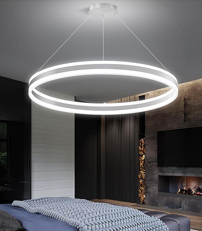 D31.5'' Modern Ring Chandelier for Dining Room LED Dimmable Pendant Lighting High Ceiling Chandelier for Living Room Foyer Bedroom Entryway 3000K-6000K Silver