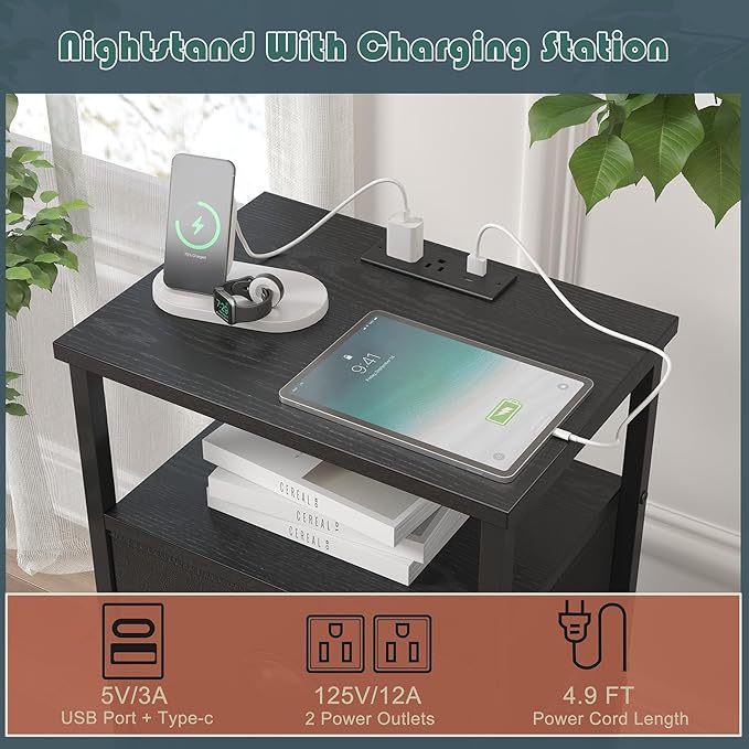 Nightstand with Charging Station,LED Black Nightstand with 3 Fabric Drawers PU Finish, Bedside End Tables, 2-Tier Open Storage Shelf Side Table Nightstand with Drawers for Bedroom,Black