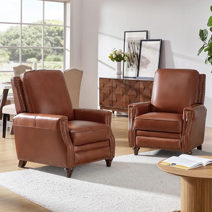 HULALA HOME Genuine Leather Recliner Chair Set of 2, Push Back Recliner Armchair with Thick Seat and Backrest(Saddle)