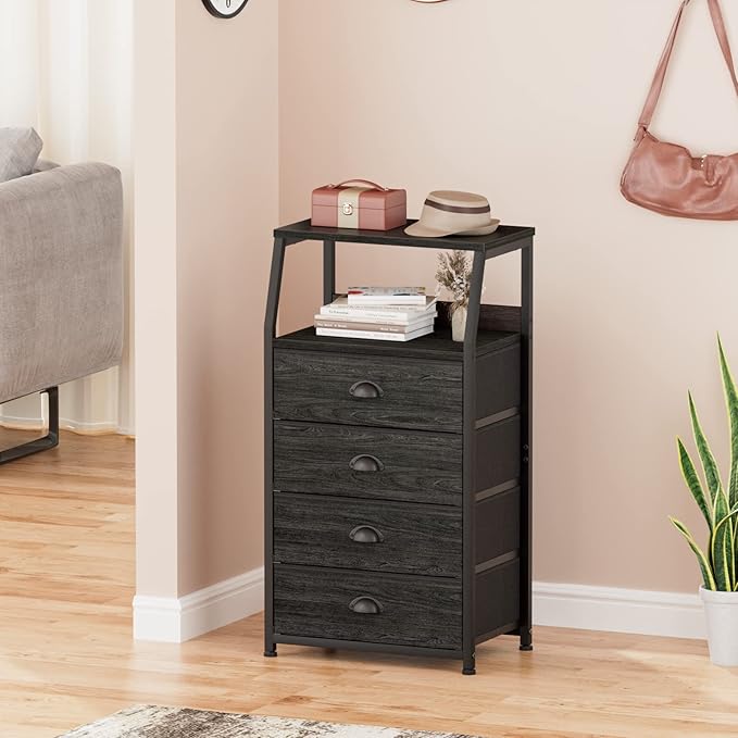 Furnulem Tall 4 Drawers Dresser, Vertical Storage Tower Black Dresser for Bedroom, Hallway, Entryway, Nursery, Closet Organizer, Nightstand Bedside Table Furniture, Sturdy Steel Frame, Wood Top