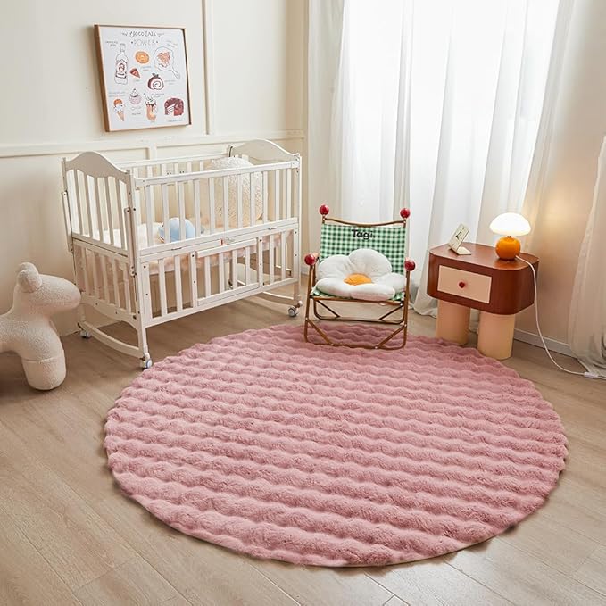 Pink Round Rabbit Plush Rug for Bedroom Living Room Sofa,5'X5' Faux Fur Fluffy Shaggy Circle for Kids Teen Girls,Furry Carpet Circular for Nursery Baby