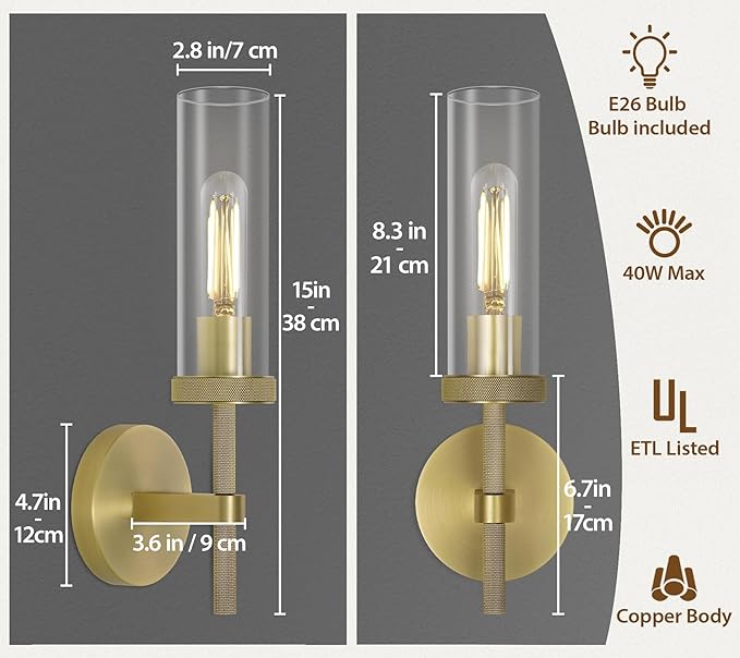 Brass knurled Wall Sconces Set of Two, 14" Sconces Wall Lighting Indoors, Gold Bathroom Vanity Wall Sconces, Wall Lights for Living Room Bedroom Hallway Kitchen Bathroom Mirror Including Bulb