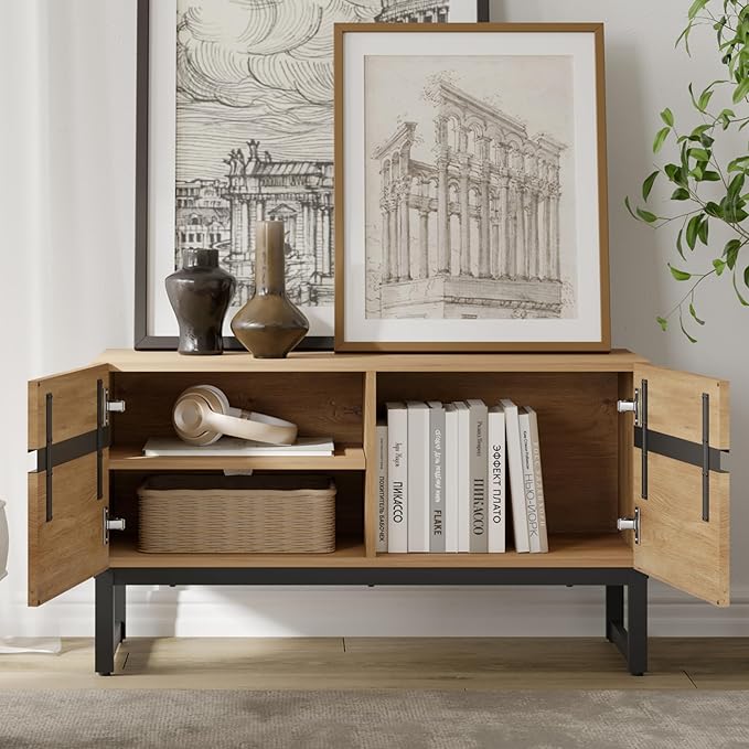 WAMPAT Modern TV Stand with Storage Cabinets for 40 Inch TV, Wood TV Entertainment Center TV Media Console Table with Metal Leg for Living Room Bedroom, Oak