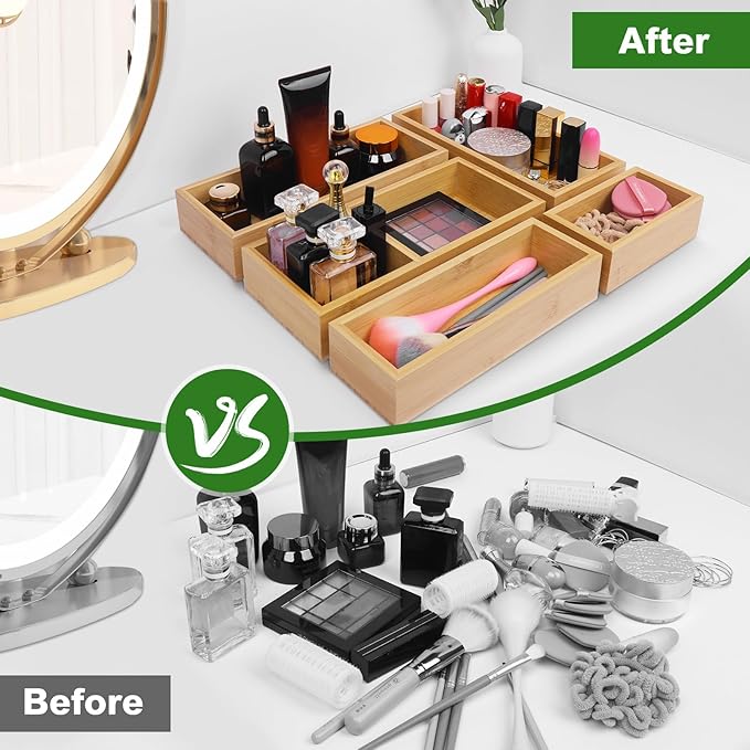Bamboo Drawer Organizer Set, 5 PCS Multi-Use Individual Wood Storage Organizers, Junk Drawer Divider and Storage Trays Containers for Kitchen, Bathroom, Office Desk, Makeup, Jewelry, Utensils
