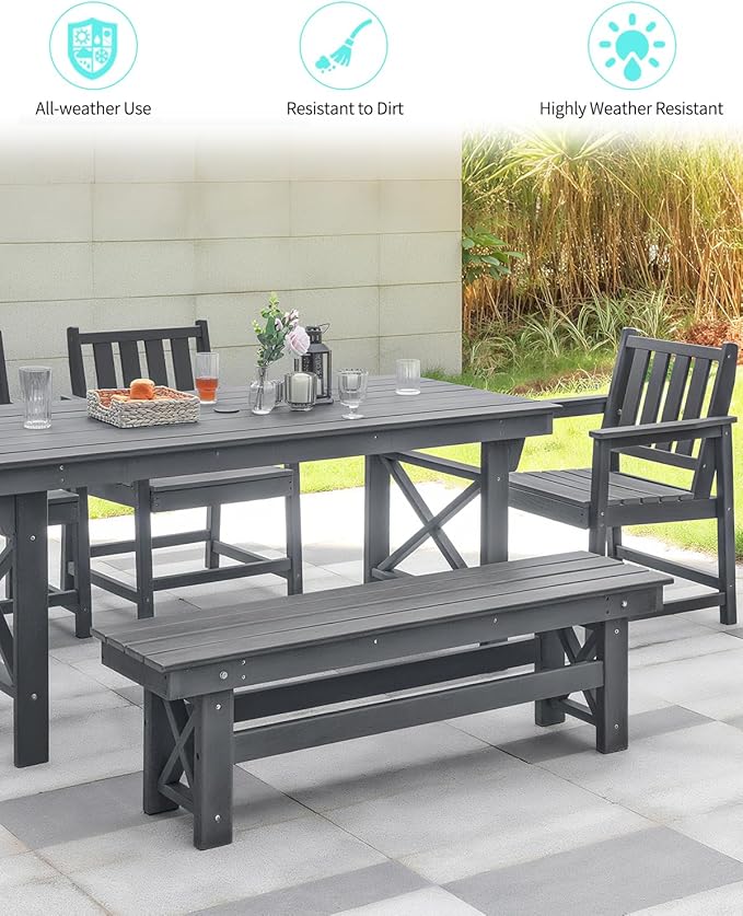 QUASCO HDPE Outdoor Dining Set for 6, Patio Dining Furniture Set with Umbrella Hole Cut-Out Table and 1 Bench and 4 Chairs, All Weather Outdoor Dining Bench Sets, Gray