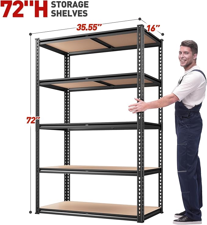 REIBII 2020LBS Storage Shelves 5 Tier Garage Shelving Heavy Duty, Adjustable Metal Shelving Unit, Garage Shelves for Basement, Warehouse, Pantry, Closet, Kitchen 72" H x 35.55" W x 16" D, Black