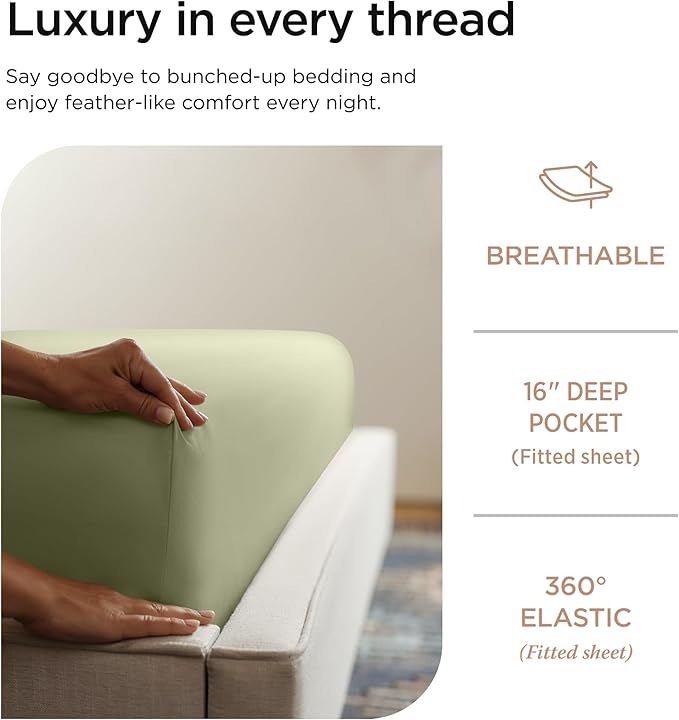 Threadmill 100% Cotton Sheets for King Size Bed - 600 Thread Count King Bed Sheets Set with 16” Deep Pocket - Sateen Weave 4-Piece Bedding Set with Cooling Effect, Sage Green