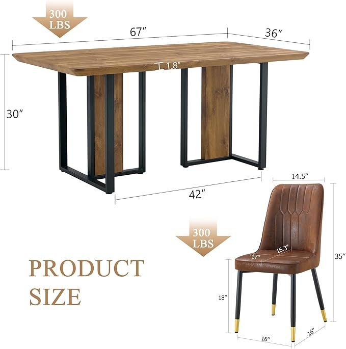 JUFU Dinner Table Set for 4, 67'' Wood Faux Marble Dining Table Set for 4 with 007-Brown PU Upholstered Chairs, Modern Rectangle Kitchen Table Chairs Set of 4, Ideal for Dining Room, Easy Assembly