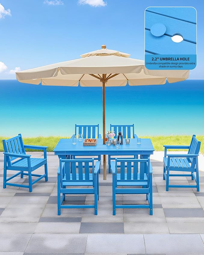 QUASCO 7-Piece Patio Dining Table Sets, Outdoor HDPE Dining Furniture Set Umbrella Hole Cut-Out Table and 6 Chairs for Backyard, Lawn, Deck and Poolside, Blue