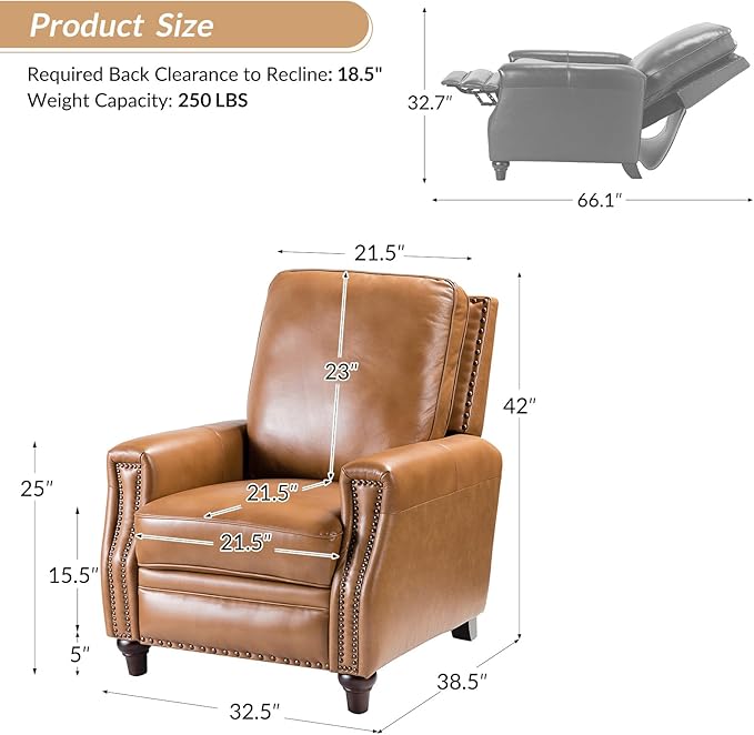 HULALA HOME Genuine Leather Recliner Chair, Classic Push Back Manual Recliner Armchair with Thick Seat and Backrest for Bedroom Living Room Reading Home Relax Office(Camel)
