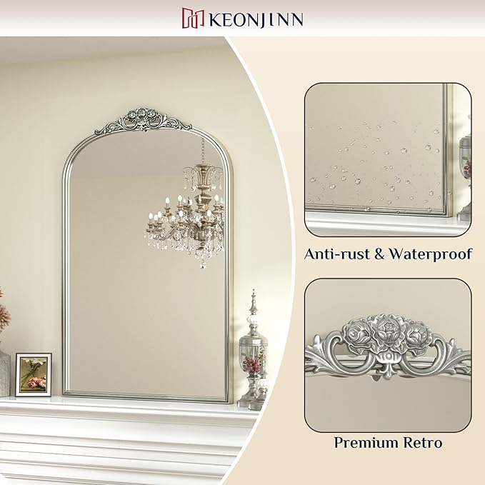 Keonjinn Vintage Mirror 24" x 36", Antique Mirrors for Wall Decor, Silver Arched Decorative Mirror for Mantle, Hallway, Living Room, Fireplace, Bedroom, Bathroom Mirror with French Cleat Mounting