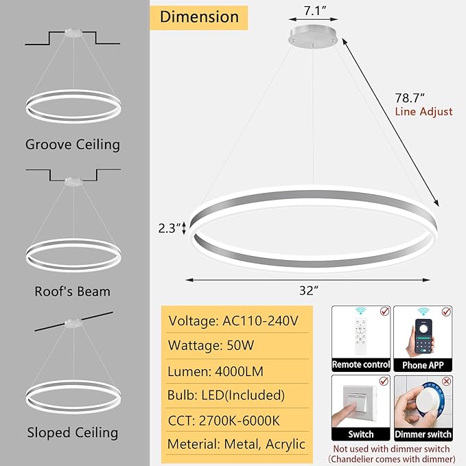 D31.5'' Modern Ring Chandelier for Dining Room LED Dimmable Pendant Lighting High Ceiling Chandelier for Living Room Foyer Bedroom Entryway 3000K-6000K Silver