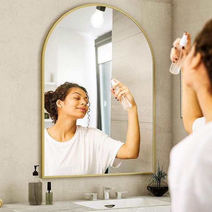 Arch Bathroom Mirror, 26x38 inch Arched Bathroom Mirror/Wall Mounted Vanity Mirror - Arch Metal Frame Wall Mirror for Bathroom Bedroom Living Room, Gold