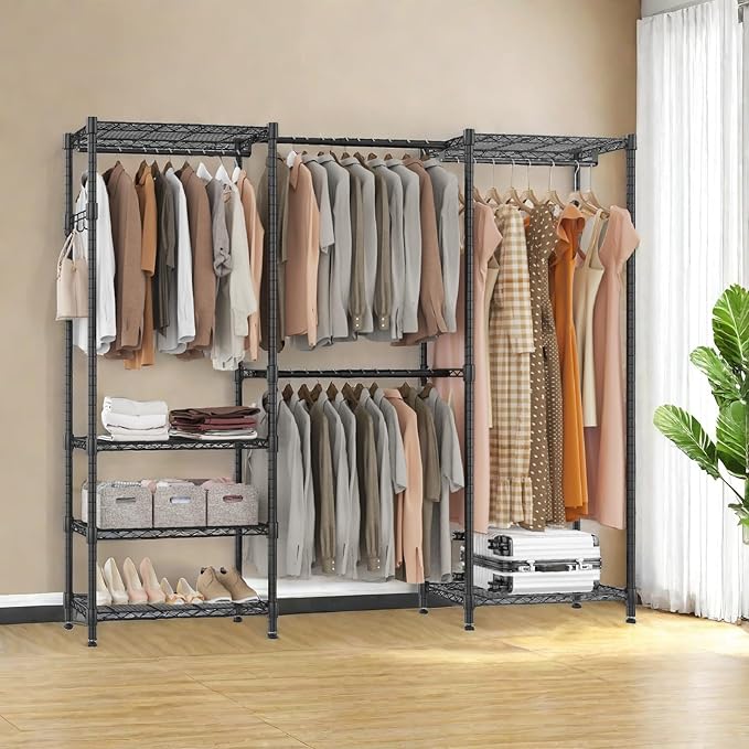 BATHWA Adjustable Heavy Duty Wardrobe Closet Organizer - Expandable Metal Clothing Rack with 4 Hanging Rods, 6 Shelves, and 4 Hangers, Freestanding Closet System 70.9”H x (68.9”-90.2”)L x 14”D, Black