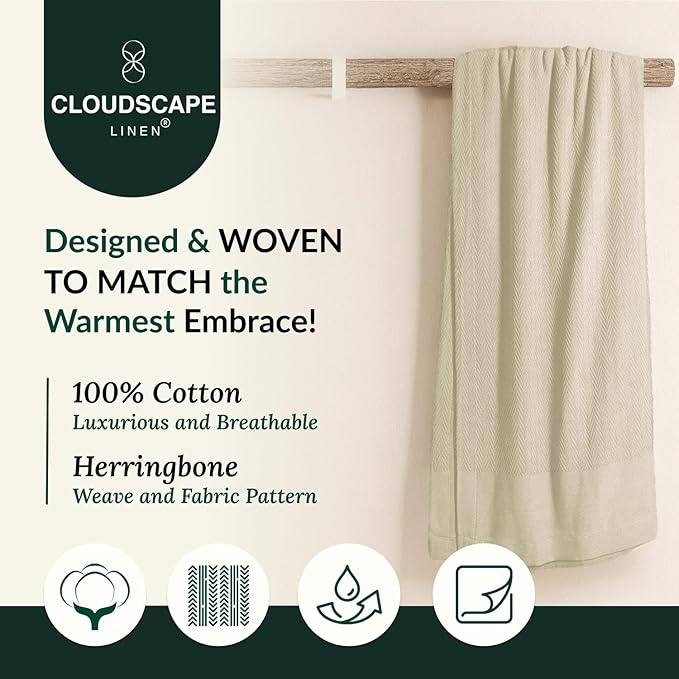 Cloud Scape Linen Herringbone Cotton Throw Blanket for Couch, Bed,Sofa, Home Decor, Soft, Lightweight, All-Season Bed Blanket, 50 x 70,Beige Fog