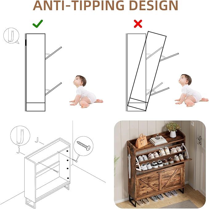 Urban Deco Shoe Storage Cabinet for Entryway, Organizer Shoe Cabinet with 2 Flip Drawers, Elegant 2 Tier Freestanding Shoe Cabinet (Brown)