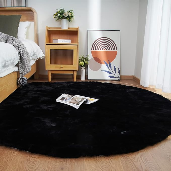 Ghouse Faux Rabbit Fur Round Rug 8ft Black Round Rugs for Bedroom Decor Fluffy Area Rugs for Living Room, no-Shedding Carpet Sheepskin Washable Rug Rome Decor