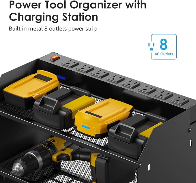 CCCEI Modular Power Tool Organizer Wall Mount with Charging Station. Garage 4 Drill Storage Shelf with Hooks, Screwdriver, Drill Bit Heavy Duty Rack, Tool Battery Holder Built in 8 Outlet Power Strip.