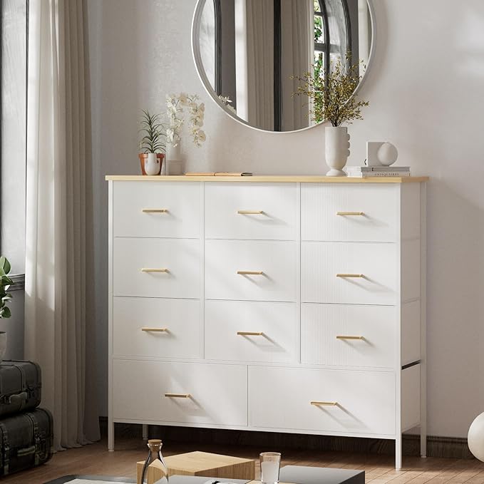 Wide TV Stand Modern TV Console, 11 Drawers Tall Dresser for Bedroom, Fabric Storage Cabinet, Chest of Drawers for Closet, Nursery, Living Room（White）