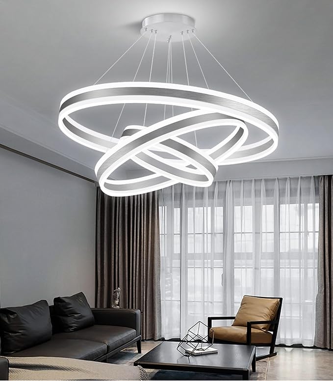 3 Ring D31.5 Modern LED Chandelier, Flush Mount Ceiling Lighting for Living Room, Adjustable Height Pendant Light for Staircase Foyer Dining Room Entryway Sliver