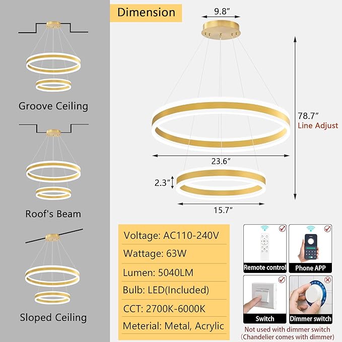 D15.7''+23.6'' Modern Ring Chandelier for Dining Room LED Dimmable Pendant Lighting for Living Room Foyer Bedroom Entryway 3000K-6000K Gold