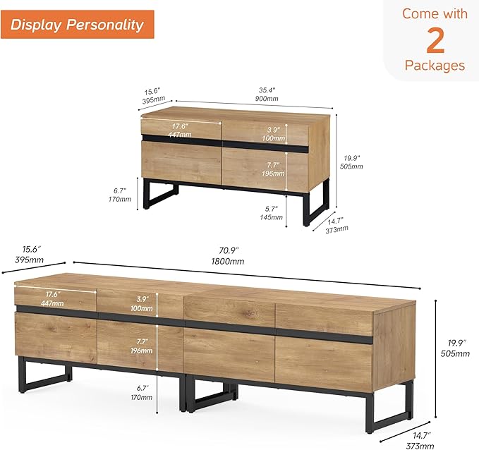 WAMPAT Modern TV Stand with Storage Cabinets for 75 Inch TV, Wood Entertainment Center Media Console Table with Metal Leg for Living Room Bedroom, Oak