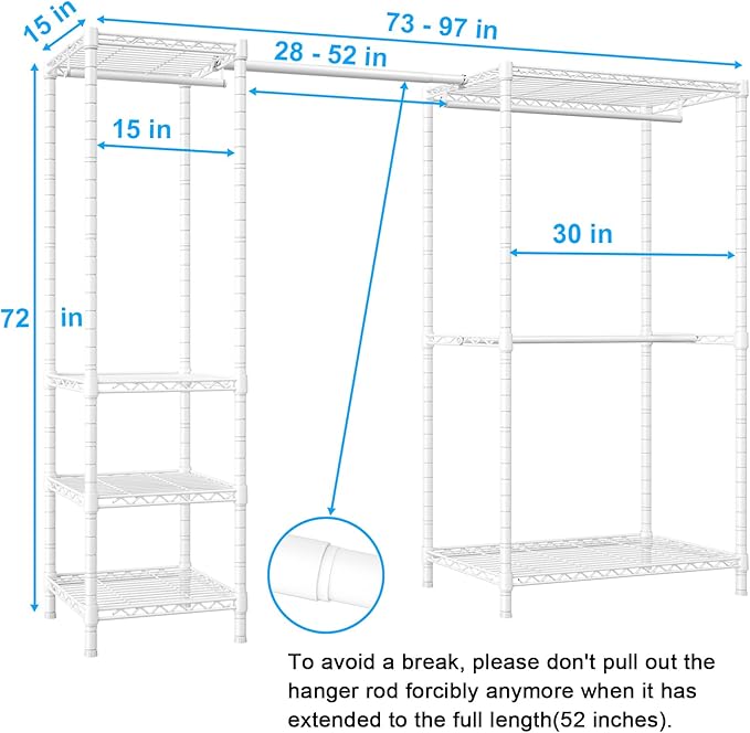 Ulif E10 Clothes Rack（With Stretchable Hanger Rod）Freestanding Clothing Racks for Hanging Clothes，Adjustable Closet Organizer System，Portable Garment Rack 73-97"W x 15" D x 72" H，Max Load 800LBS，White
