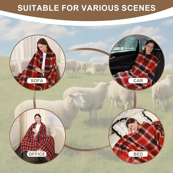 Buffalo Plaid Throw Blanket for Couch,100% Wool Throw Blanket for Home Decor, Soft Lightweight Cozy All Season Decorative Vintage Blankets for Travel,Bed, Sofa, Chair, Outdoor 55"x83"/1.5LBS