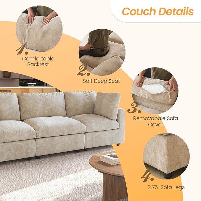 JACH 3-Seater Sectional Couches for Living Room, Deep Seat Modular Sofas, Cloud Sectional Couch, Sofa Covers Washable, Minimalist Modern Sofa for Living Room, Apartment, Khaki