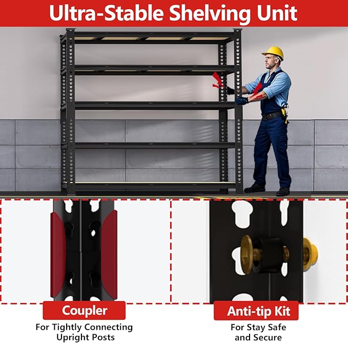 PrimeZone 60" W X 24" D X 72" H Heavy Duty Garage Storage Shelves - Adjustable Metal Shelving Unit, 5 Tier Industrial Shelves for Storage Standing Utility Rack for Warehouse, Pantry, Basement, Black