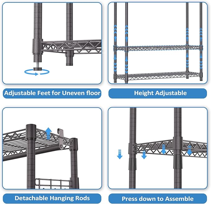IZEUK 3 Tier Heavy Duty Garment Rack Wire Clothes Rack for Hanging Clothes, Metal Freestanding Closet Wardrobe Rack with 1 Rod and Side Hooks Dark Grey 15.7" D x 45.3" W x 72.4" H