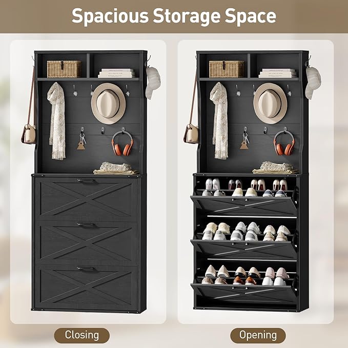 Farmhouse Tall Shoe Cabinet with Coat Rack, Narrow Hidden Shoe Storage Cabinet with 3 Flip Drawers, 2 in 1 Hall Tree with Hooks, Narrow Shoe Organizer for Entryway, Hallway, Black