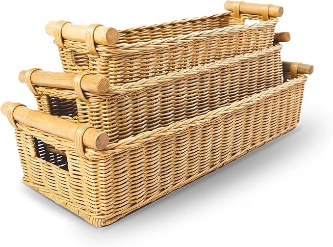 The Basket Lady Long Narrow Pole Handle Wicker Basket, Small, 17 in L x 5 in W x 5.25 in H, Sandstone