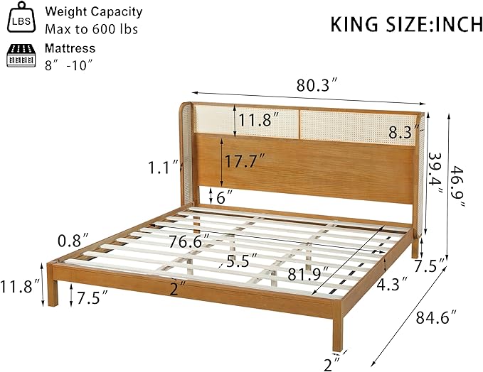 Merax King Size Premium Rubber Wood Platform Bed Frame, with Headboard, Mid Century Modern, Natural