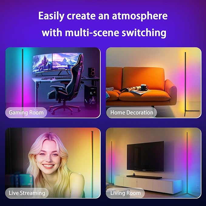 Corner Floor Lamp 2 Pack, LED Lamps with Remote, RGB Standing Lamp, LED Light Stick, Music Sync Dimmable Color Changing Ambient Light Bar for Bedroom, Living Room, Gaming Room, Party, Dorm