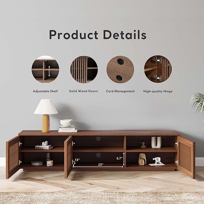 POVISON Full Assembled Mid Century Modern TV Stand, Wood Slatted Media Console for 65 inch TV, Entertainment Center with Storage for Living Room, Low Cabinet with Removable Shelves