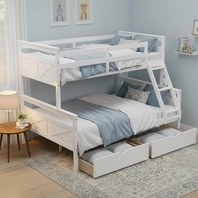 Twin Over Full Bunk Bed with Drawers, Convertible to 2 Separate Beds, Twin Bed Frame with Storage, Ladder and Safety Guardrails, No Box Spring Needed, Perfect for Kids Teens Adults Bedroom, White