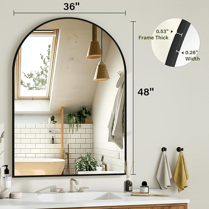Arch Bathroom Mirror, 36x48 Inch - Wall Mounted Vanity Mirror with Aluminum Alloy Frame - Ideal for Living Room, Bedroom, Bathroom, and Entryway, Hanging or Leaning, Black