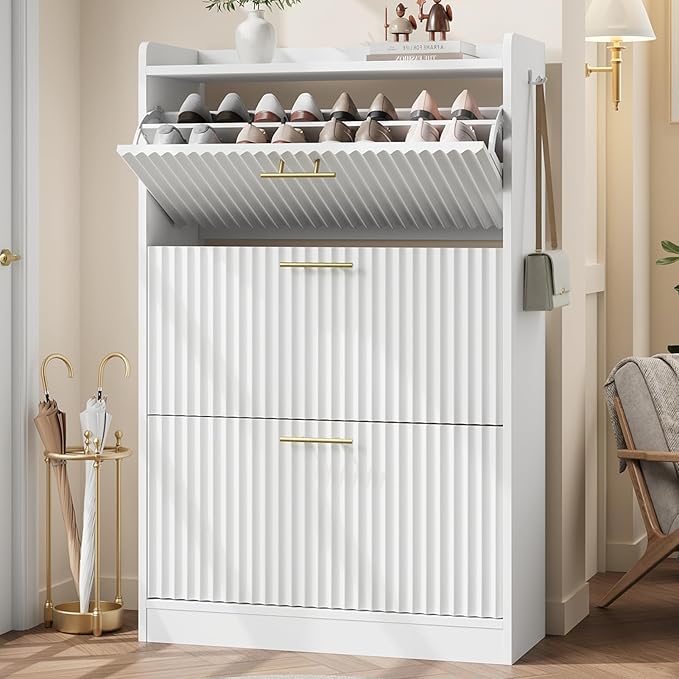 Shoe Storage Cabinet with 3 Flip Drawers, Fluted Freestanding Shoe Cabinet Storage for Entryway with Adjustable Shelf, Hidden Shoe Rack Cabinet for Foyer, Hallway (Milky White)